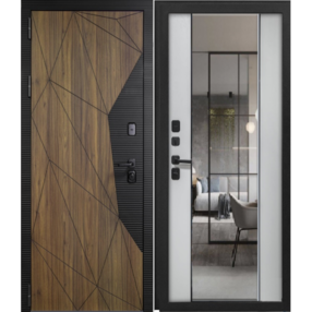 Входная дверь Аквамарин 1, орех каньен коньяк-софт черный-дуб кантри горизонт, 880*2050 (Л), Зеркало, в комплекте
