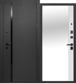 Стальная дверь, 9 см ЧЕРНОЕ ЗЕРКАЛО, сатин черный-эмалит белый, 960*2050 (Л), Зеркало, в комплекте с замком, Ferroni