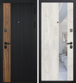 Стальная дверь, КАНТРИ ЗЕРКАЛО, сатин черный/тиковое дерево-лиственница камчатская, 960*2050 (Пр), Зеркало, в комплекте с замком, Ferroni