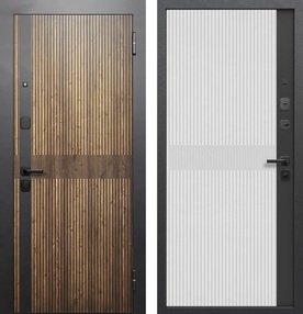 Стальная дверь, ВУД ВЕРТИКАЛЬ, орех кантри патина/сатин черный-сатин белый/сатин черный, 960*2050 (Пр), в комплекте с замком, Ferroni